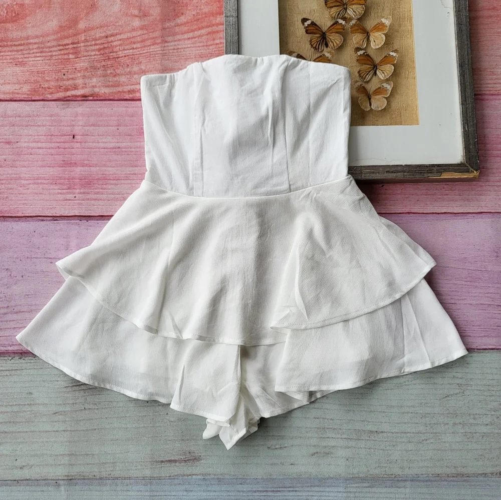 Princess Polly White The Rolla Strapless Layered Ruffle Playsuit Romper 4US - Picture 1 of 5